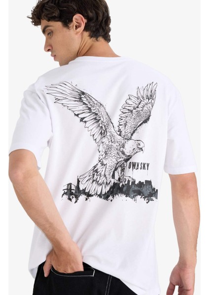 %100 Pamuk Boxy Fit Bisiklet Yaka Sırt Baskılı Kısa Kollu Tişört F8649AX25HS