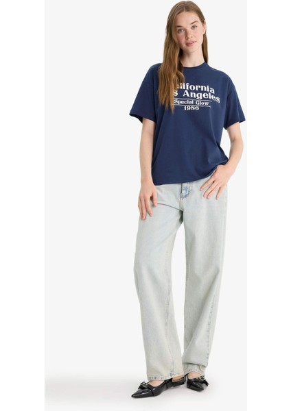 Oversize Geniş Kalıp Bisiklet Yaka Baskılı Kısa Kollu Tişört F8832AX25AU