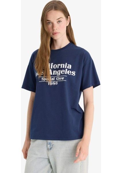 Oversize Geniş Kalıp Bisiklet Yaka Baskılı Kısa Kollu Tişört F8832AX25AU