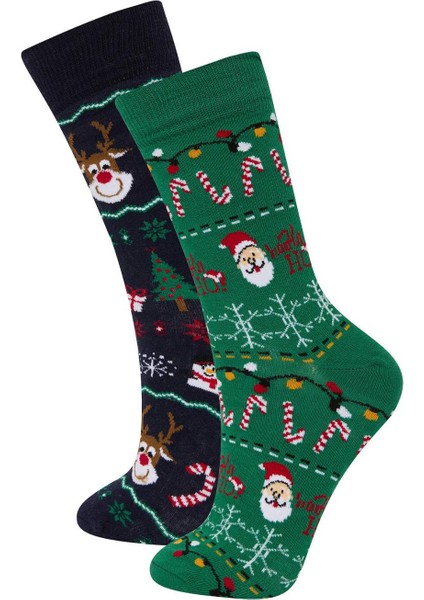 Erkek Kutulu Yılbaşı Temalı Kutulu 2'li Pamuklu Uzun Çorap E2446AXNS