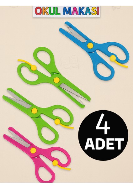 4 Adet Güvenli Çocuk Makası Küt Uçlu Yaylı Plastik Korumalı Okul Öğrenci Makası