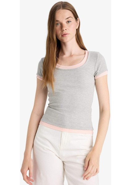 U Yaka Fitilli Kaşkorse Kısa Kollu Tişört F8743AX25AU