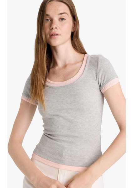 U Yaka Fitilli Kaşkorse Kısa Kollu Tişört F8743AX25AU