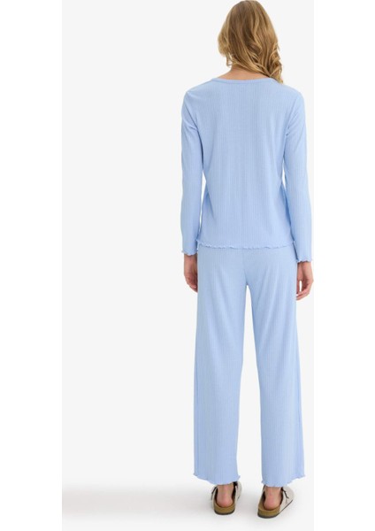 Pijama Takımı Regular Fit Ribana Uzun Kollu Üst Uzun Alt-Fall in Love D2273AX25AU