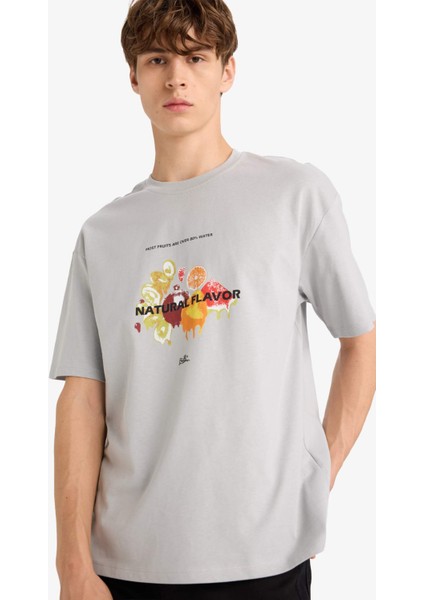 Boxy Fit Bisiklet Yaka Baskılı Kısa Kollu Tişört F8567AX25HS