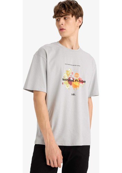 Boxy Fit Bisiklet Yaka Baskılı Kısa Kollu Tişört F8567AX25HS