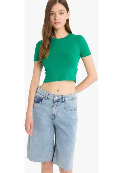 Fitted Crop Basic Düz Kısa Kollu Tişört F8924AX25HS