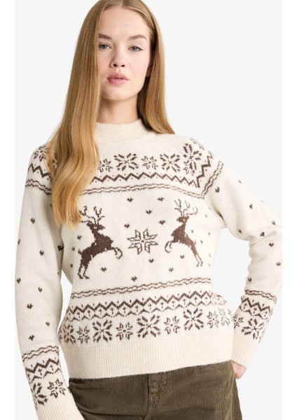 Yılbaşı Temalı Regular Fit Bisiklet Yaka Triko Kazak F6482AX25CW