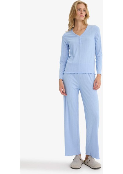 Pijama Takımı Regular Fit Ribana Uzun Kollu Üst Uzun Alt-Fall in Love
