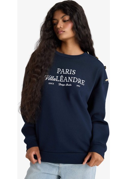 Relax Fit Bisiklet Yaka Baskılı Kalın Sweatshirt