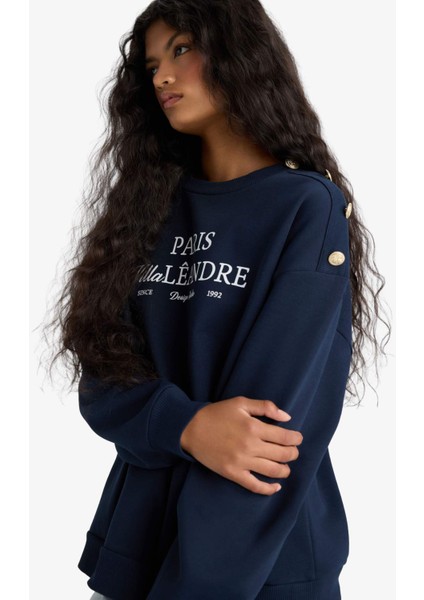 Relax Fit Bisiklet Yaka Baskılı Kalın Sweatshirt