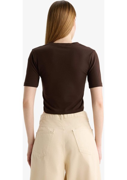 Coool Fitted Crop Basic Düz Kırmızı Kısa Kollu Tişört