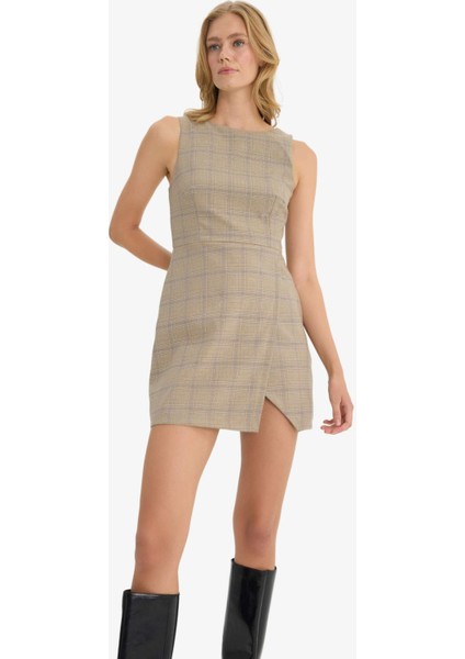 Bisiklet Yaka Kareli Kolsuz Mini Elbise F9104AX25AU