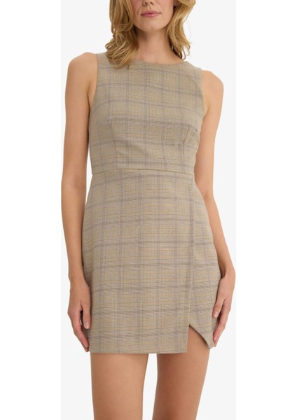 Bisiklet Yaka Kareli Kolsuz Mini Elbise F9104AX25AU