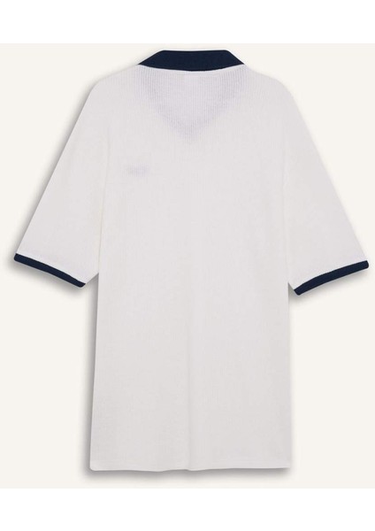 Boxy Fit Rahat Kesim Polo Yaka Kontrast Renkli Dokulu Kısa Kollu Tişört