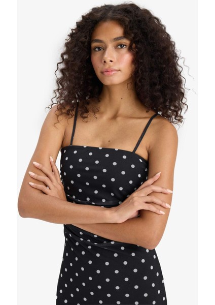 Bodycon Vücudu Saran Kare Yaka Puantiyeli Tül Askılı Midi Elbise