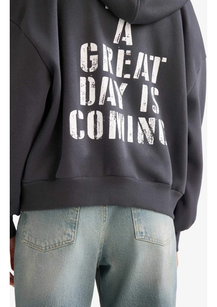 Oversize Geniş Kalıp Kapüşonlu Sırt Baskılı Fermuarlı Sweatshirt F8915AX25AU