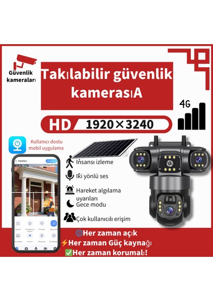 4g Solar Panelli Güvenlik Kamerası, Güneş Enerjili, 6mp Üç Lens, Sim Kartlı, Ptz, Su Geçirmez