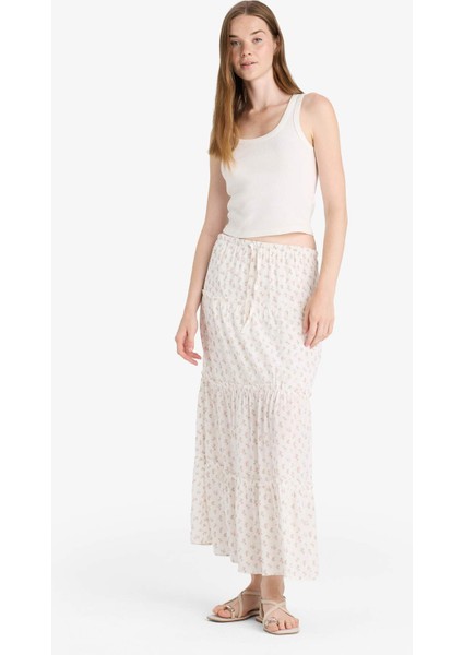 Çiçek Desenli Yüksek Bel Pamuk Astarlı Maxi Etek F9460AX25HS