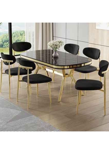 Olya Serisi 90X168 Lak Panel Sonata Masa Takımı Gold Ayaklı 6 Sandalye
