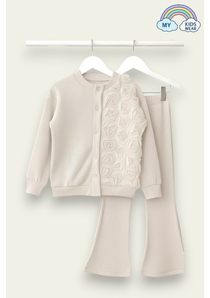 Kız Çocuk Tül Gül Aplikeli Triko Hırka Ikili Takım 3-10 Yaş 12302