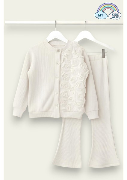 Kız Çocuk Tül Gül Aplikeli Triko Hırka Ikili Takım 3-10 Yaş 12303