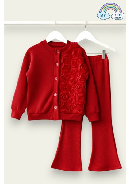 Kız Çocuk Tül Gül Aplikeli Triko Hırka Ikili Takım 3-10 Yaş 12299