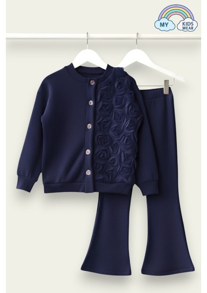 Kız Çocuk Tül Gül Aplikeli Triko Hırka Ikili Takım 3-10 Yaş 12300