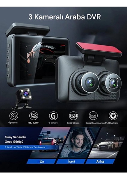 Kcr-6 3 Kanallı Full Hd 1080P Araç Kamerası | G-Sensör | Gece Görüş | Park Asistanı fiyatları