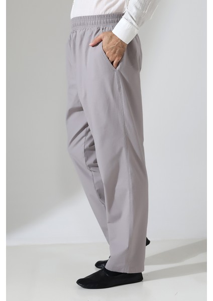 Erkek Lastikli Bel Cepli Hac Umre Keten Şalvar Pantolon - Gri (Vşn)