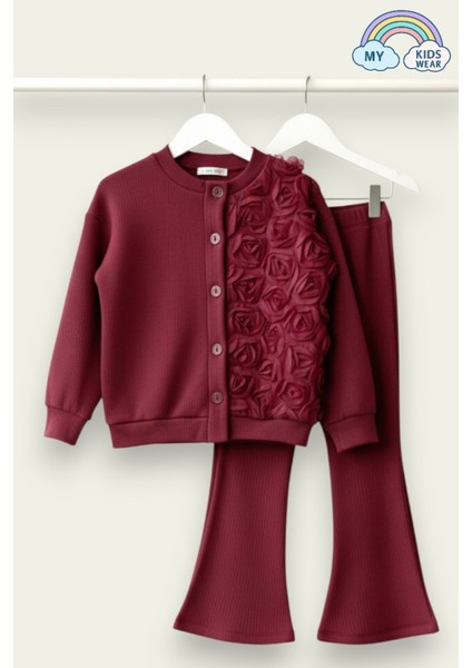 Kız Çocuk Tül Gül Aplikeli Triko Hırka Ikili Takım 3-10 Yaş 12298