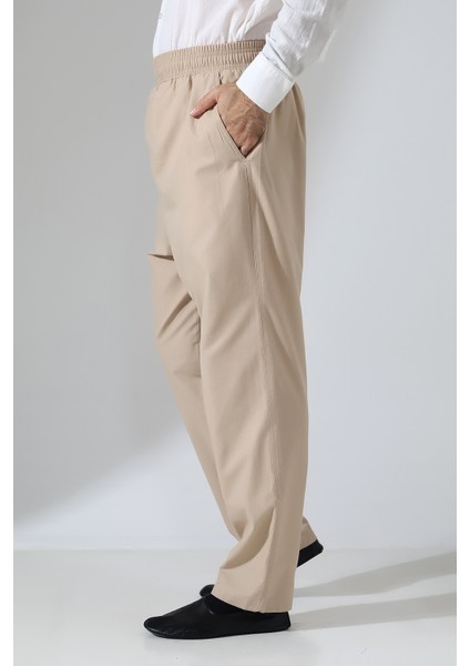 Erkek Lastikli Bel Cepli Hac Umre Keten Şalvar Pantolon - Bej (Vşn)