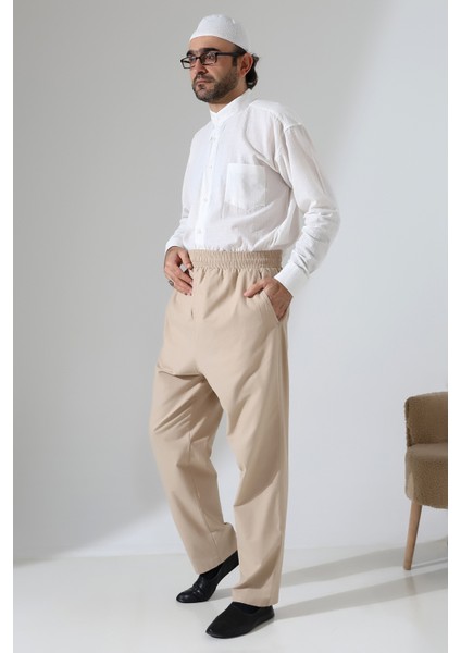 Erkek Lastikli Bel Cepli Hac Umre Keten Şalvar Pantolon - Bej (Vşn) fiyatları