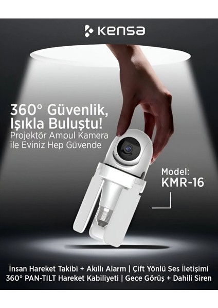 Kmr-16 360° Projektör Ampul Güvenlik Kamerası | Wi-Fi | Gece Görüş | Hareket Takip | Çift Yönlü Ses