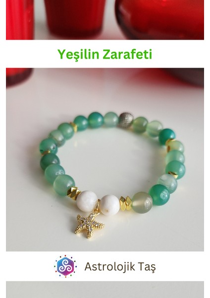 Yeşilin Zarafeti Doğal Taş Bileklik (Kutup Yıldızı Aksesuarlı) Akik & Ay Taşı