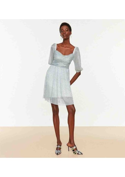 Açık Mavi Büzgülü Simli Parıltıli Abiye Elbise