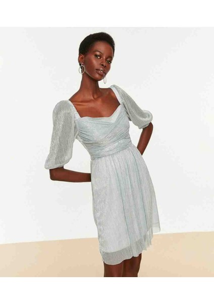 Açık Mavi Büzgülü Simli Parıltıli Abiye Elbise fiyatları