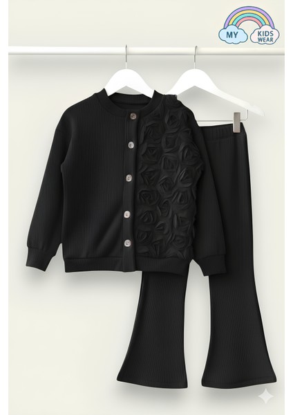 Kız Çocuk Tül Gül Aplikeli Triko Hırka Ikili Takım 3-10 Yaş 12301