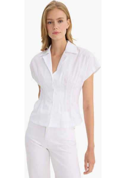 Fitted Ceket Yaka Poplin Kısa Kollu Gömlek