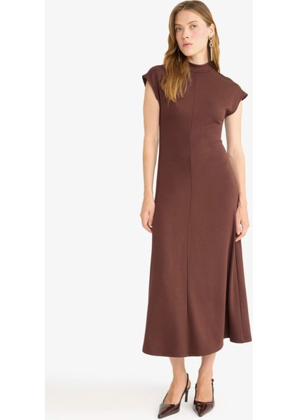 Yarım Balıkçı Yaka Ribana Kısa Kollu Midi Elbise F9956AX25AU