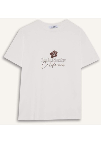 Regular Fit Bisiklet Yaka Çiçek Baskılı Kısa Kollu Tişört