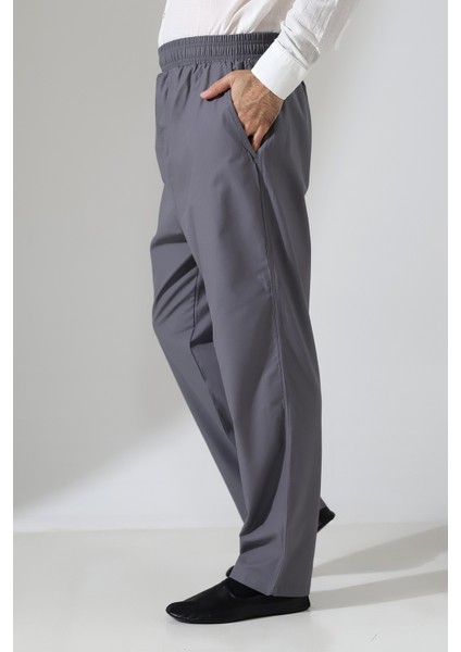 Erkek Lastikli Bel Cepli Hac Umre Keten Şalvar Pantolon - Antrasit (Vşn)