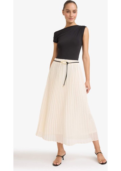 Regular Fit Yüksek Bel Şifon Midi Etek