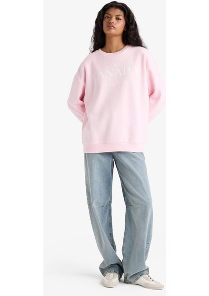 Oversize Geniş Kalıp Bisiklet Yaka Baskılı Kalın Sweatshirt F7877AX25AU