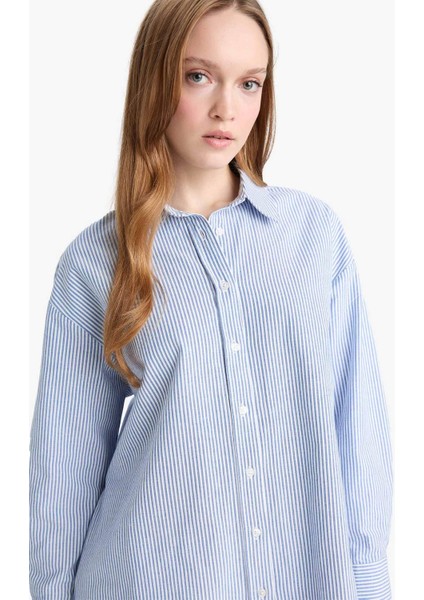 Relax Fit Oxford Çizgili Uzun Kollu Gömlek Tunik D4772AX25AU