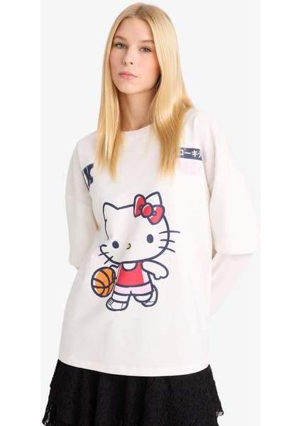 Hello Kitty Oversize Geniş Kalıp Bisiklet Yaka Uzun Kollu Tişört F8920AX25AU