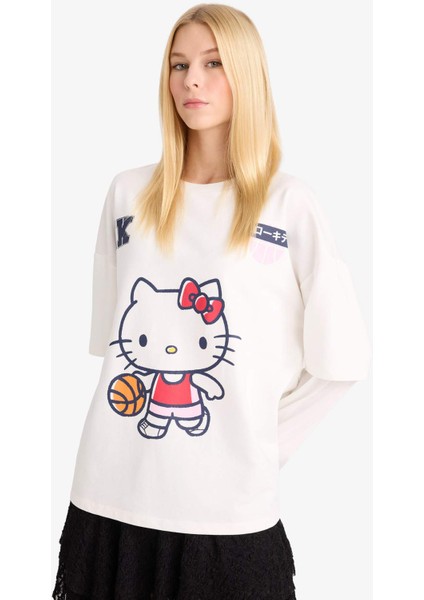 Hello Kitty Oversize Geniş Kalıp Bisiklet Yaka Uzun Kollu Tişört F8920AX25AU