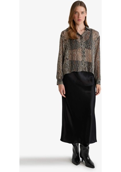 Regular Fit Yılan Derisi Desenli Şifon Uzun Kollu Gömlek