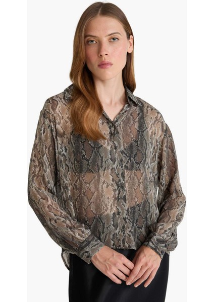 Regular Fit Yılan Derisi Desenli Şifon Uzun Kollu Gömlek