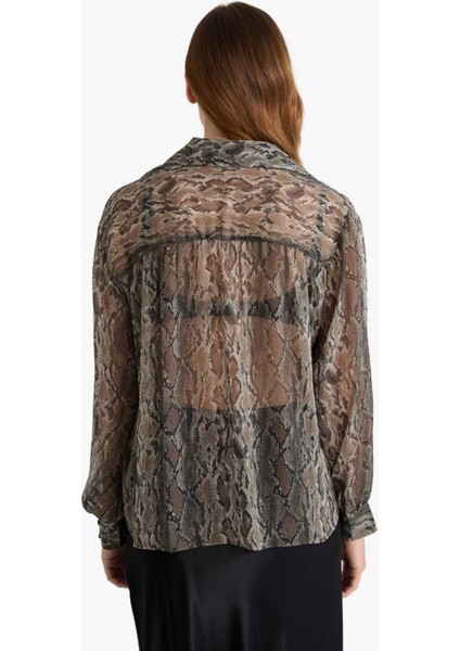 Regular Fit Yılan Derisi Desenli Şifon Uzun Kollu Gömlek